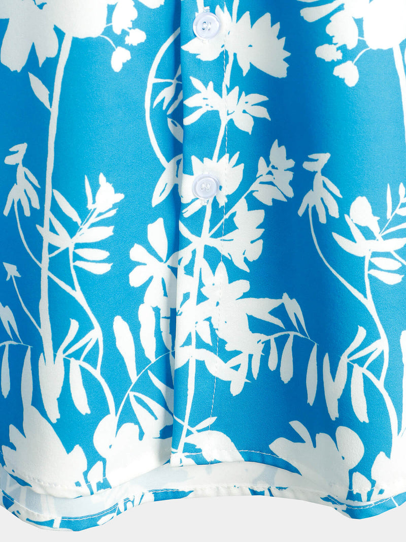 Men's Holiday Flower Print Button Up Floral Short Sleeve Summer Blue Shirt