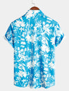 Men's Holiday Flower Print Button Up Floral Short Sleeve Summer Blue Shirt