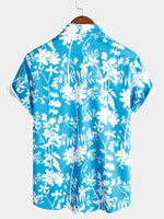 Men's Holiday Flower Print Button Up Floral Short Sleeve Summer Blue Shirt