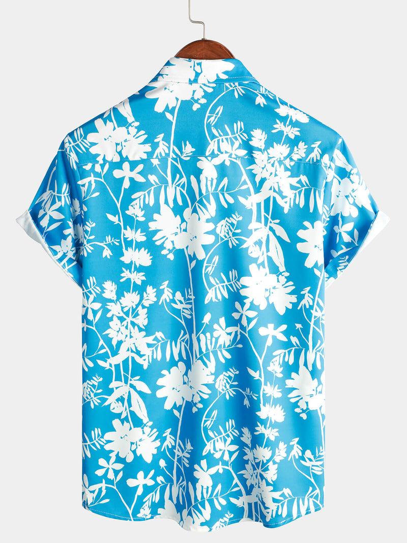Men's Holiday Flower Print Button Up Floral Short Sleeve Summer Blue Shirt