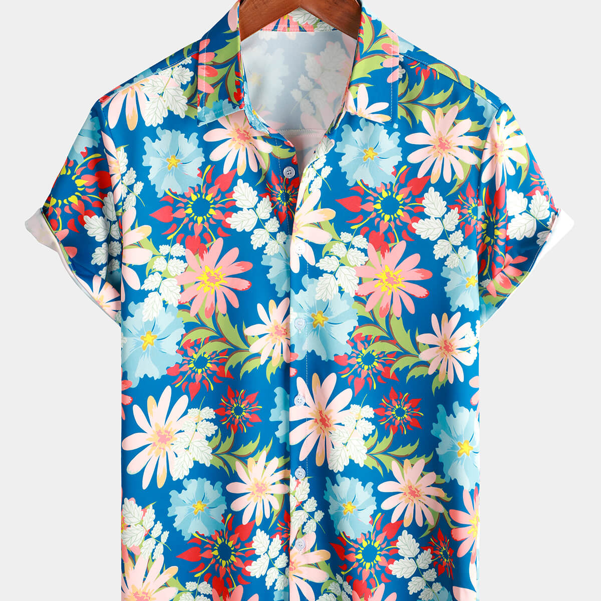 Men's Floral Tropical Blue Button Up Short Sleeve Beach Summer Hawaiian Shirt