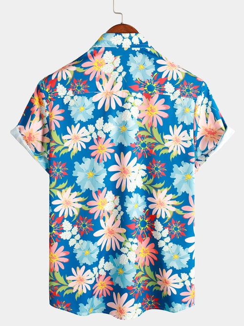 Men's Floral Tropical Blue Button Up Short Sleeve Beach Summer Hawaiian Shirt
