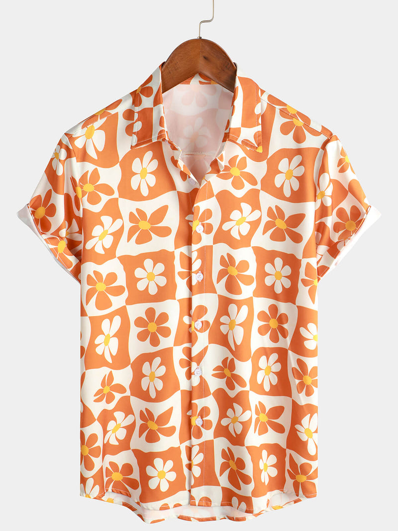 Men's Floral Orange Plaid Vintage Button Up 70s Flower Short Sleeve Beach Summer Shirt