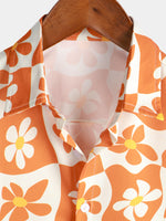 Men's Floral Orange Plaid Vintage Button Up 70s Flower Short Sleeve Beach Summer Shirt