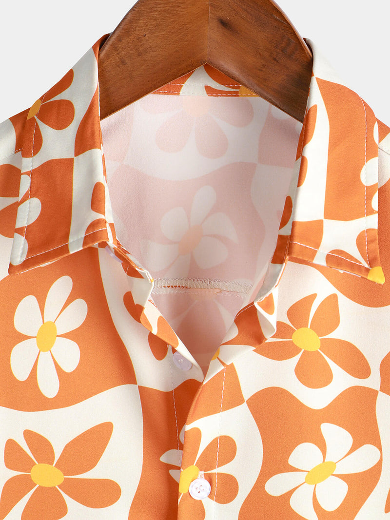 Men's Floral Orange Plaid Vintage Button Up 70s Flower Short Sleeve Beach Summer Shirt
