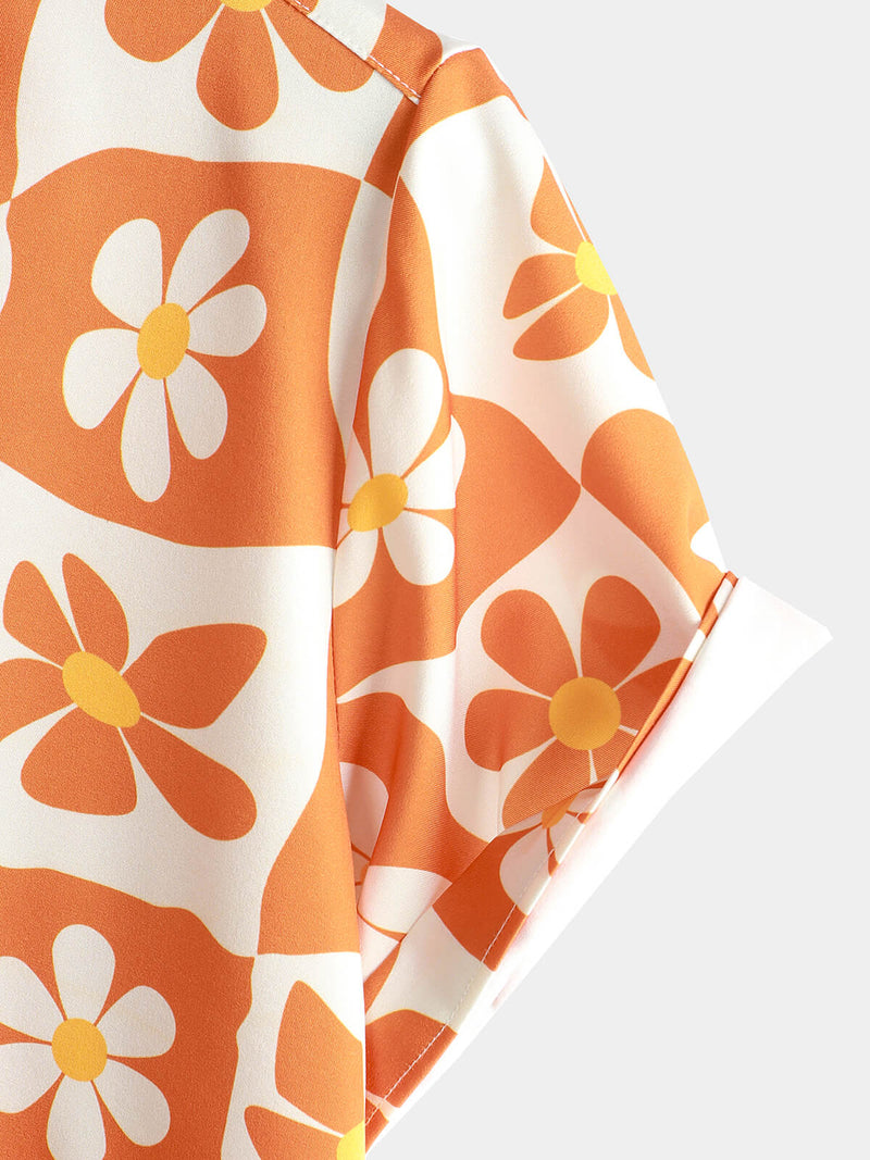 Men's Floral Orange Plaid Vintage Button Up 70s Flower Short Sleeve Beach Summer Shirt