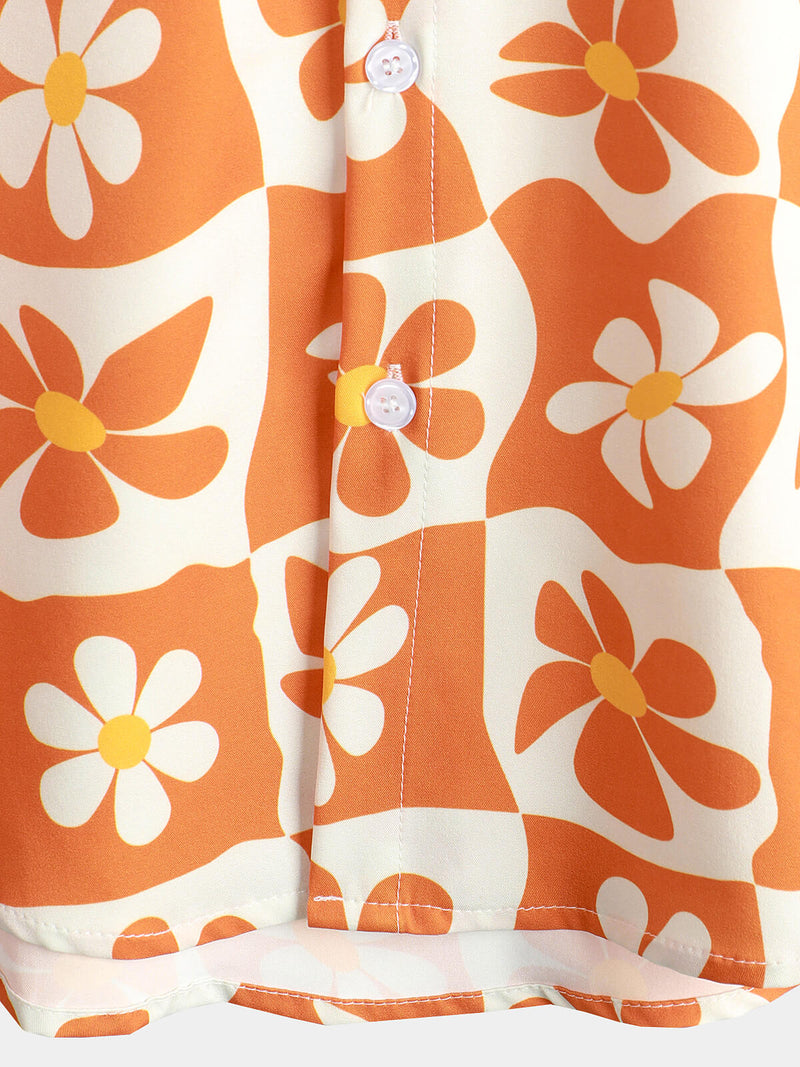 Men's Floral Orange Plaid Vintage Button Up 70s Flower Short Sleeve Beach Summer Shirt