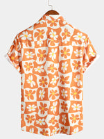 Men's Floral Orange Plaid Vintage Button Up 70s Flower Short Sleeve Beach Summer Shirt