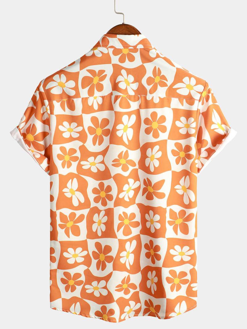 Men's Floral Orange Plaid Vintage Button Up 70s Flower Short Sleeve Beach Summer Shirt