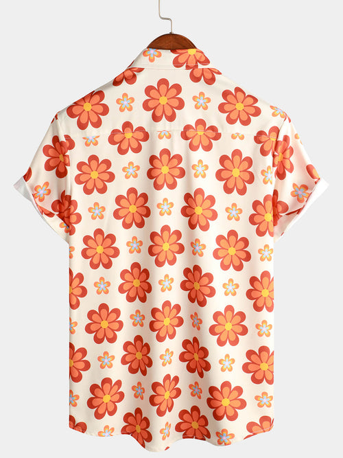 Men's Vintage Floral Button Up Short Sleeve Beach Disco Summer 70s Retro Hawaiian Shirt
