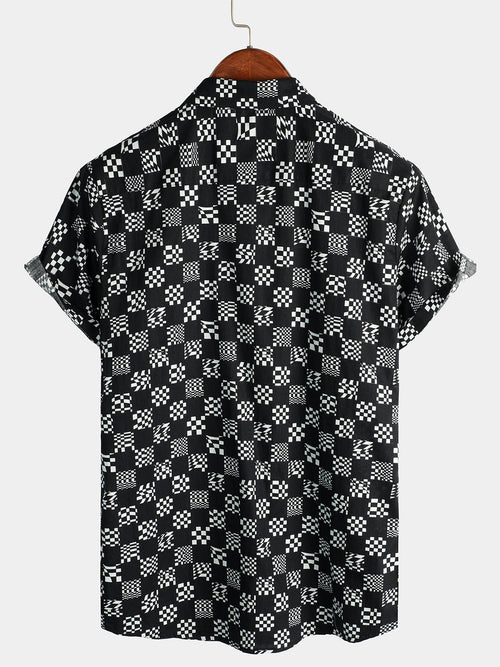 Men's Cotton Checkerboard Plaid Casual Short Sleeve Shirt