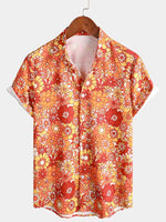 Men's Vintage Floral Summer Party Button Up 70s Short Sleeve Retro Orange Hawaiian Shirt