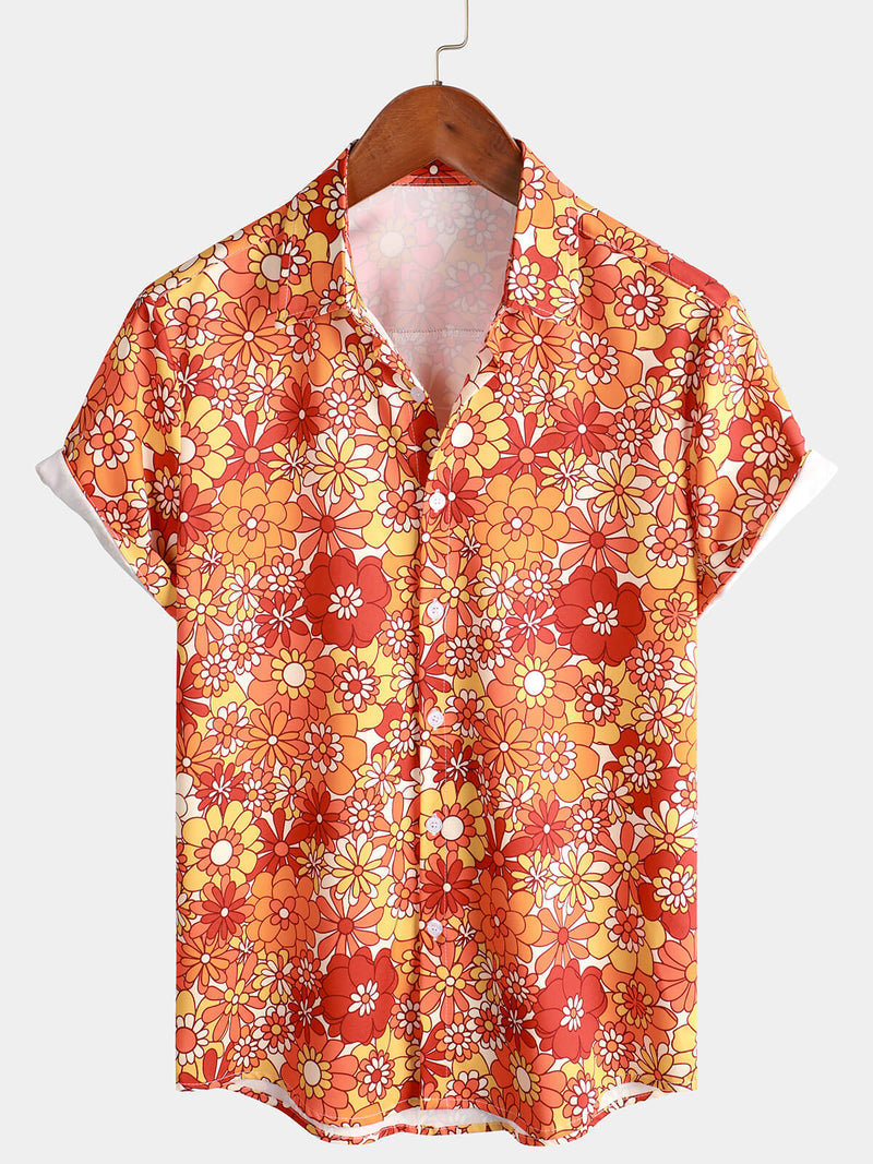 Men's Vintage Floral Summer Party Button Up 70s Short Sleeve Retro Orange Hawaiian Shirt