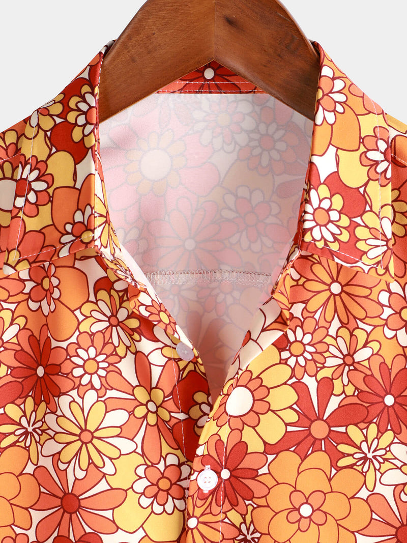 Men's Vintage Floral Summer Party Button Up 70s Short Sleeve Retro Orange Hawaiian Shirt
