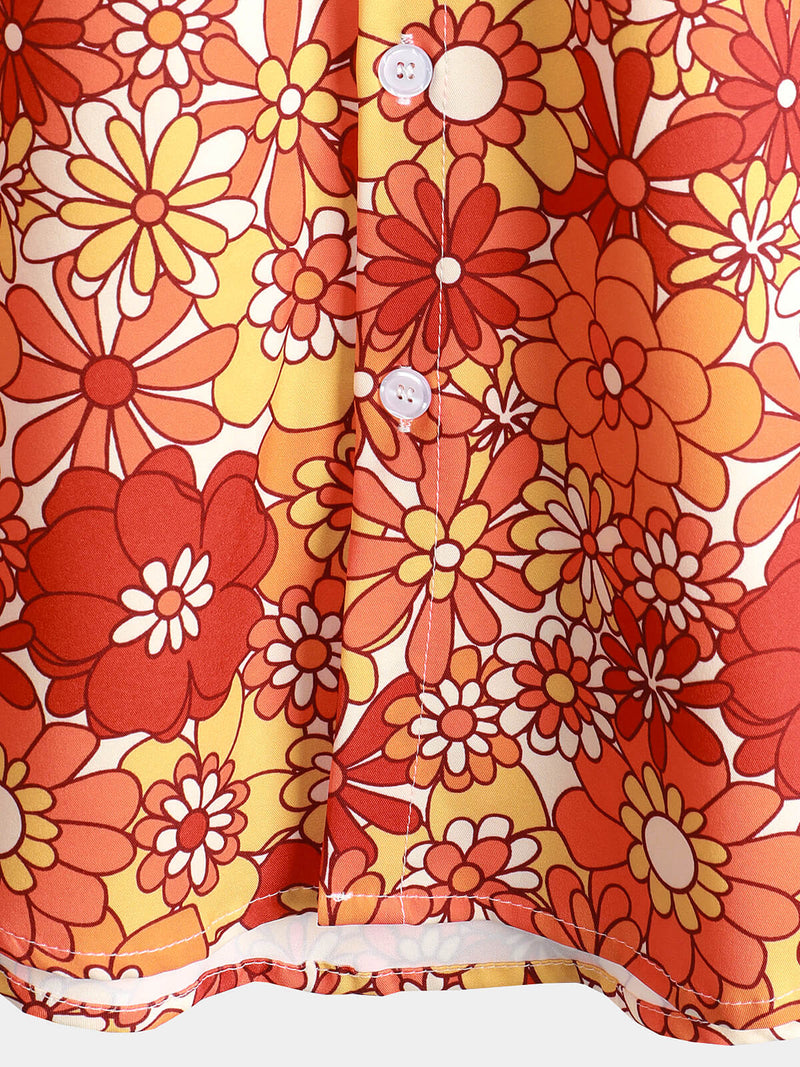 Men's Vintage Floral Summer Party Button Up 70s Short Sleeve Retro Orange Hawaiian Shirt