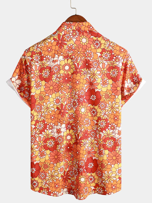 Men's Vintage Floral Summer Party Button Up 70s Short Sleeve Retro Orange Hawaiian Shirt
