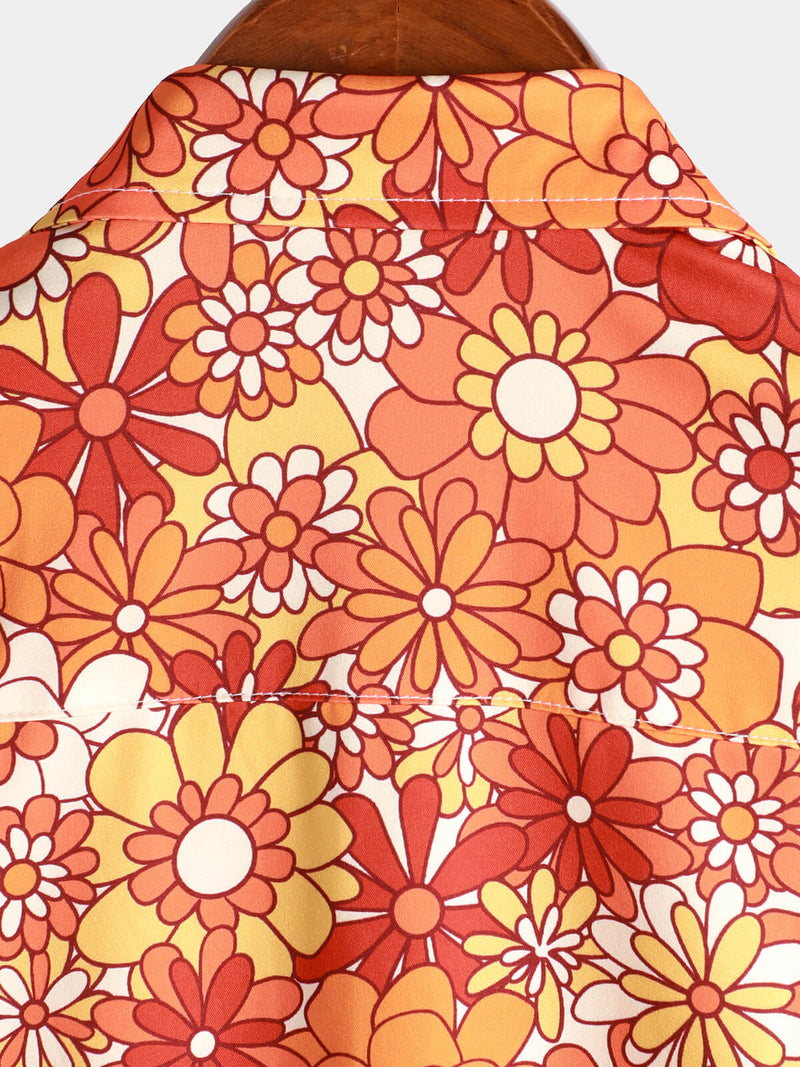 Men's Vintage Floral Summer Party Button Up 70s Short Sleeve Retro Orange Hawaiian Shirt