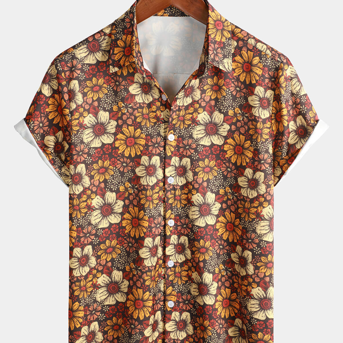 Men's Vintage Floral Button Up 70s Short Sleeve Beach Summer Retro Brown Hawaiian Shirt
