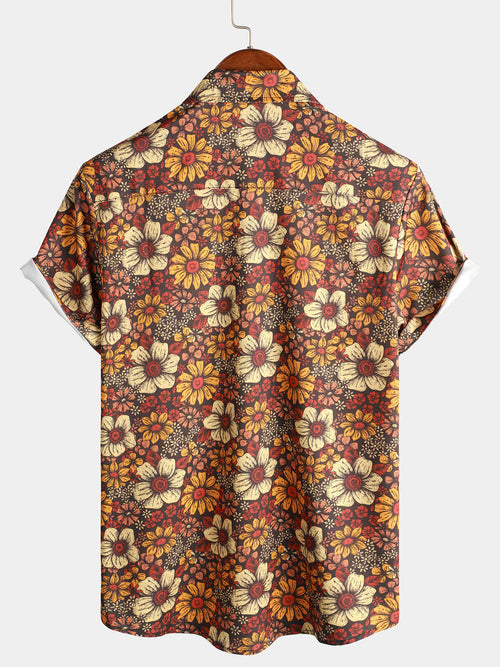 Men's Vintage Floral Button Up 70s Short Sleeve Beach Summer Retro Brown Hawaiian Shirt