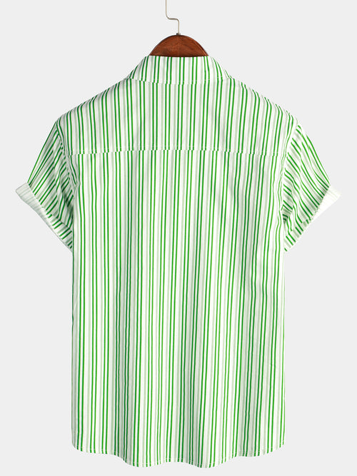 Men's Cotton Green Breathable Stripe Short Sleeve Shirt