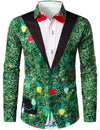 Men's Christmas Tree Funny Outfit Xmas Themed Top Holiday Green Button Long Sleeve Shirt