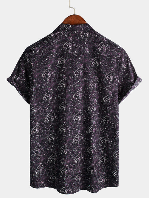 Men's Cotton Vintage Purple Paisley Short Sleeve Shirt