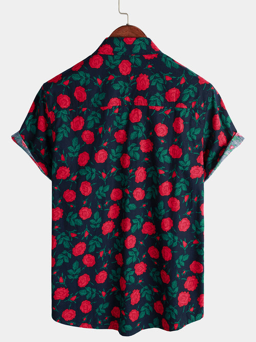 Men's Flower Rose  Print Button Short Sleeve Cotton Shirt