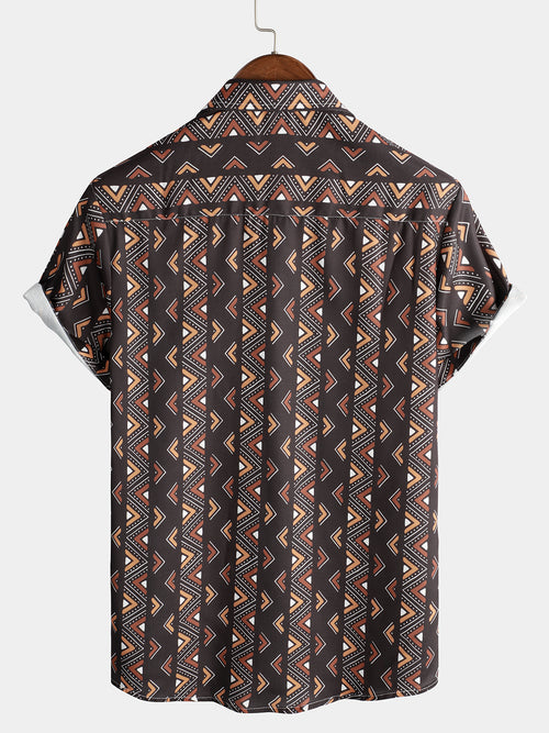 Men's Summer Retro Brown Vertical Striped Vintage Button Up Short Sleeve Shirt