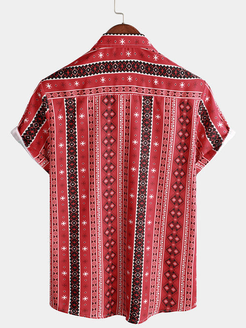 Men's Retro Casual Red Striped Vintage Short Sleeve Button Up Lapel Shirt