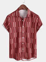 Men's Casual Retro Red Striped Vintage Short Sleeve Cotton Button Up Lapel Shirt