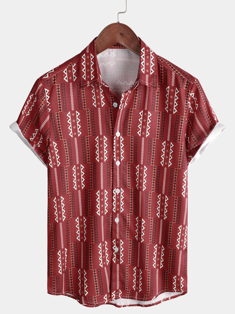 Men's Casual Retro Red Striped Vintage Short Sleeve Cotton Button Up Lapel Shirt