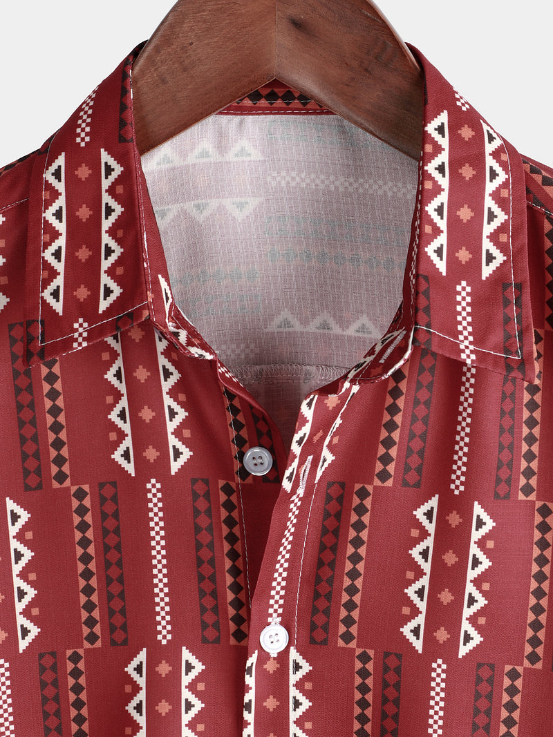 Men's Casual Retro Red Striped Vintage Short Sleeve Cotton Button Up Lapel Shirt
