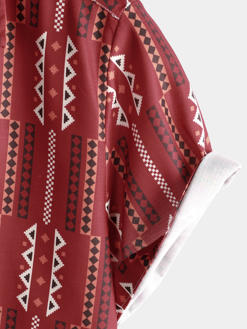 Men's Casual Retro Red Striped Vintage Short Sleeve Cotton Button Up Lapel Shirt