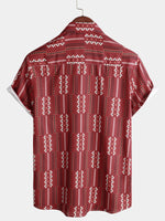 Men's Casual Retro Red Striped Vintage Short Sleeve Cotton Button Up Lapel Shirt