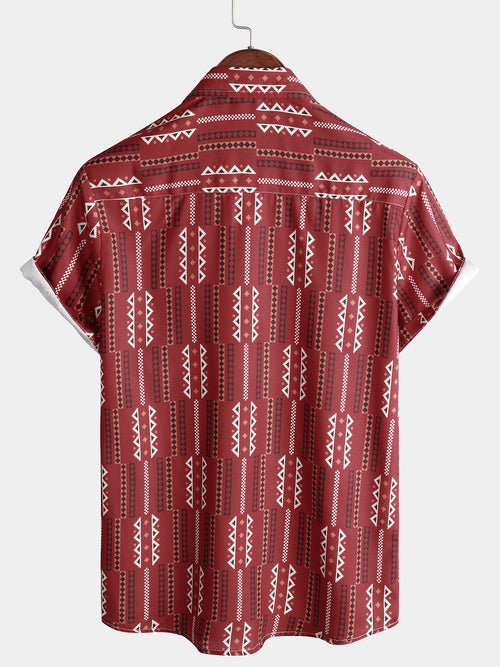 Men's Casual Retro Red Striped Vintage Short Sleeve Cotton Button Up Lapel Shirt