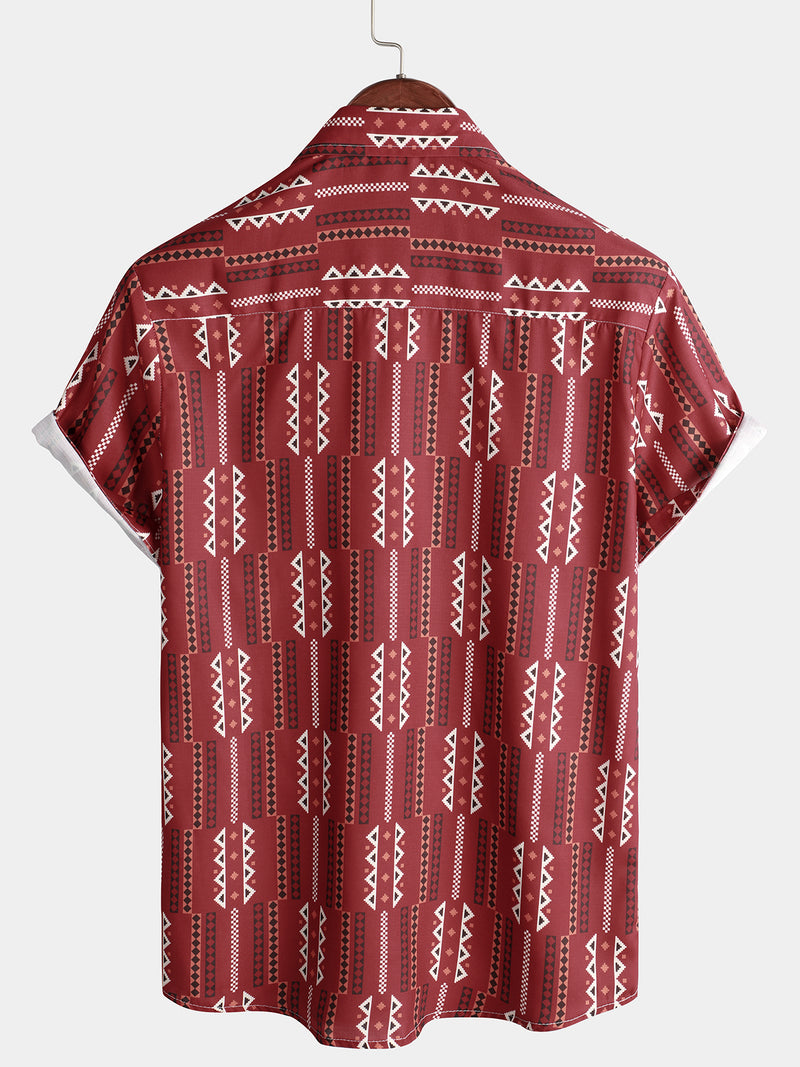 Men's Casual Retro Red Striped Vintage Short Sleeve Cotton Button Up Lapel Shirt