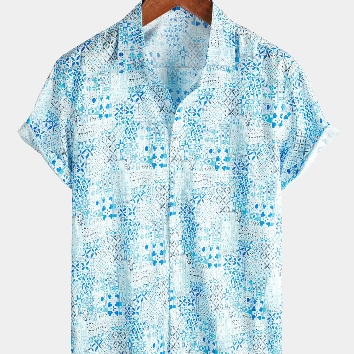 Men's Vintage Cotton Floral Print Blue Short Sleeve Shirt