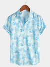 Men's Vintage Cotton Floral Print Blue Short Sleeve Shirt
