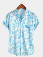 Men's Vintage Cotton Floral Print Blue Short Sleeve Shirt