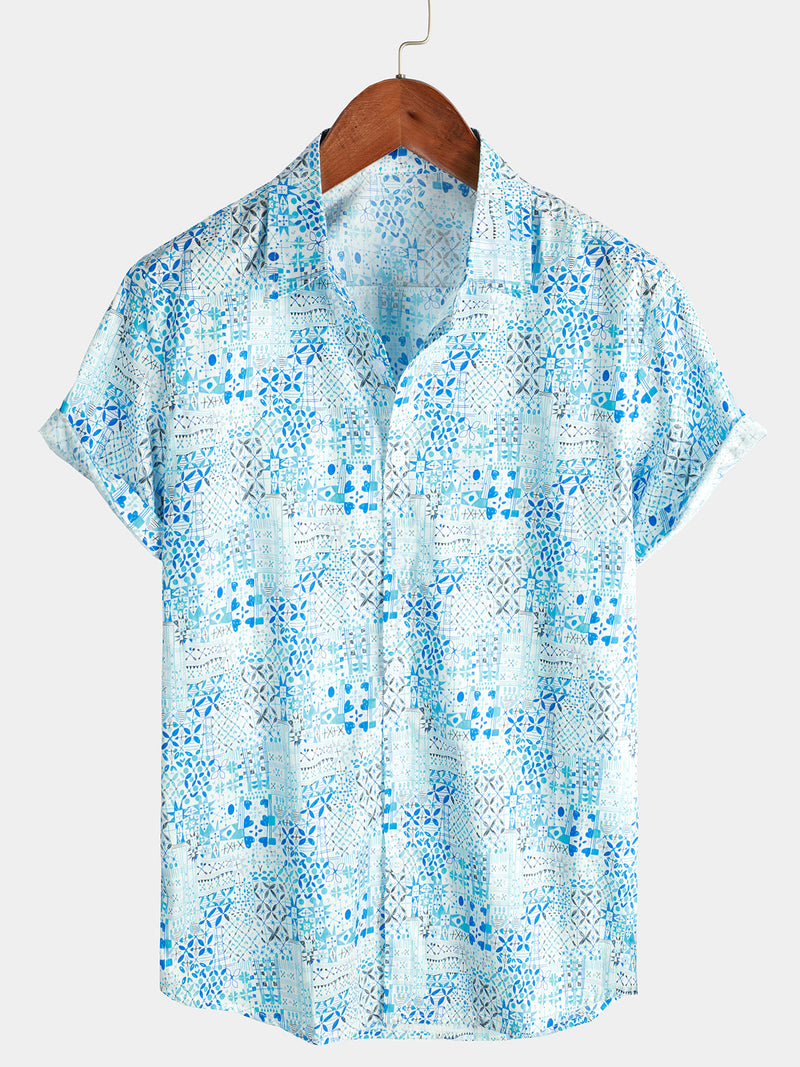 Men's Vintage Cotton Floral Print Blue Short Sleeve Shirt