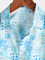 Men's Vintage Cotton Floral Print Blue Short Sleeve Shirt