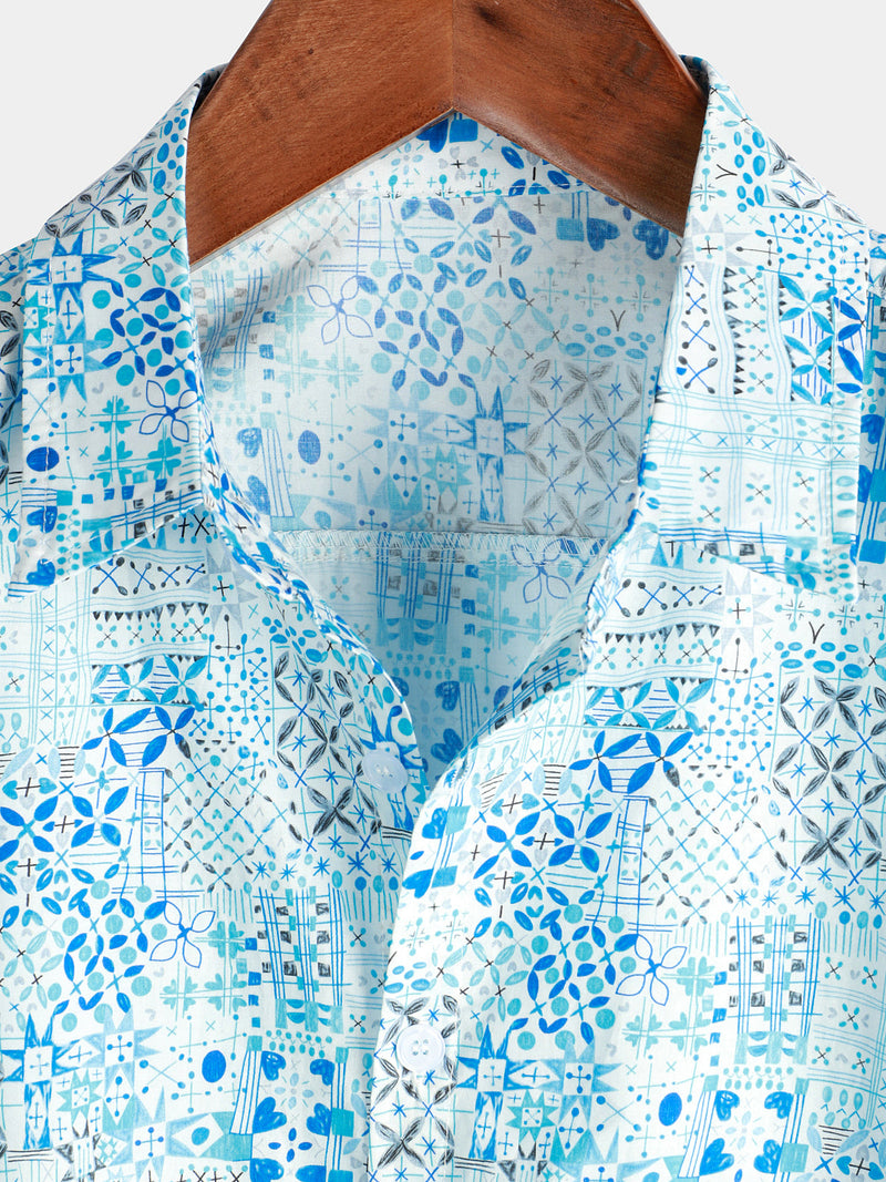 Men's Vintage Cotton Floral Print Blue Short Sleeve Shirt