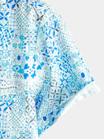 Men's Vintage Cotton Floral Print Blue Short Sleeve Shirt