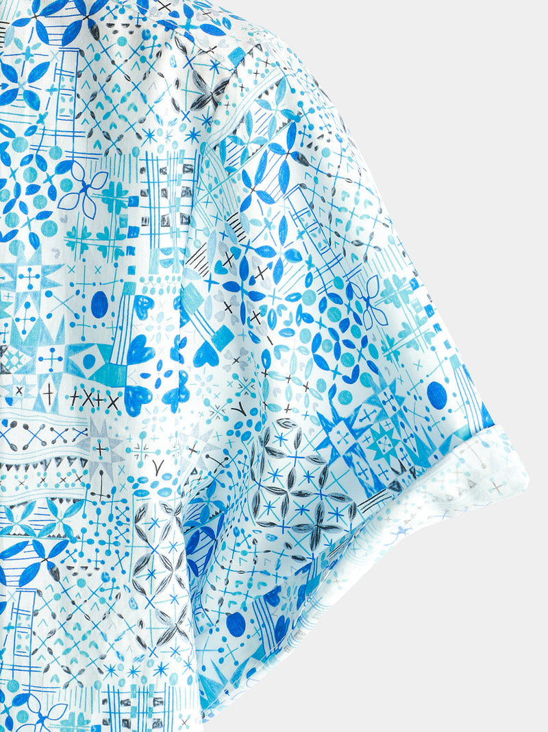 Men's Vintage Cotton Floral Print Blue Short Sleeve Shirt