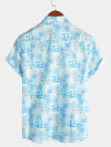 Men's Vintage Cotton Floral Print Blue Short Sleeve Shirt