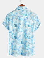 Men's Vintage Cotton Floral Print Blue Short Sleeve Shirt