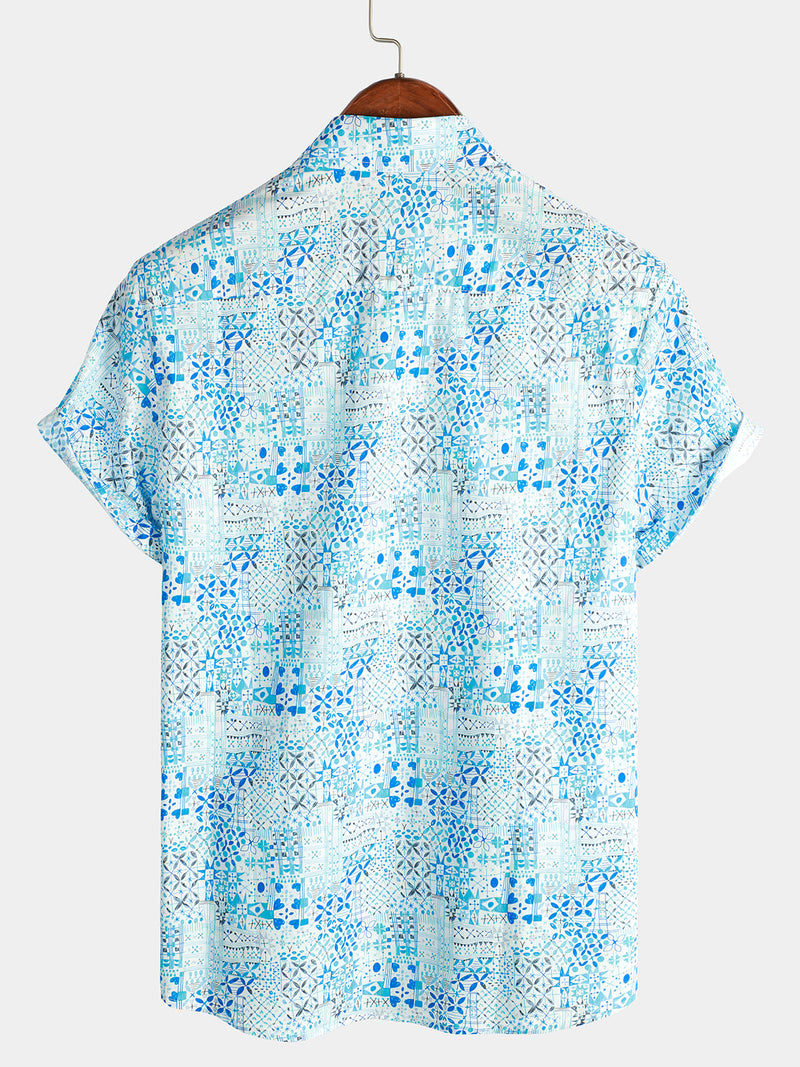 Men's Vintage Cotton Floral Print Blue Short Sleeve Shirt