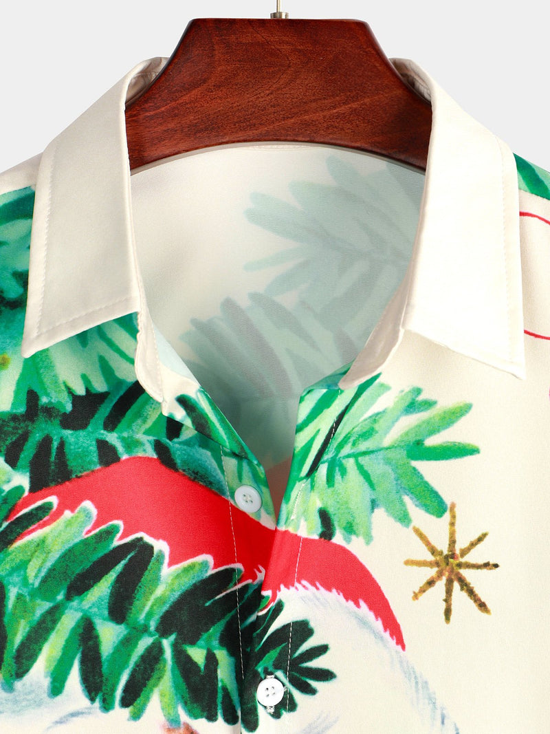 Men's Beige Christmas Print Regular Fit Short Sleeve Shirt