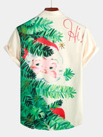 Men's Beige Christmas Print Regular Fit Short Sleeve Shirt