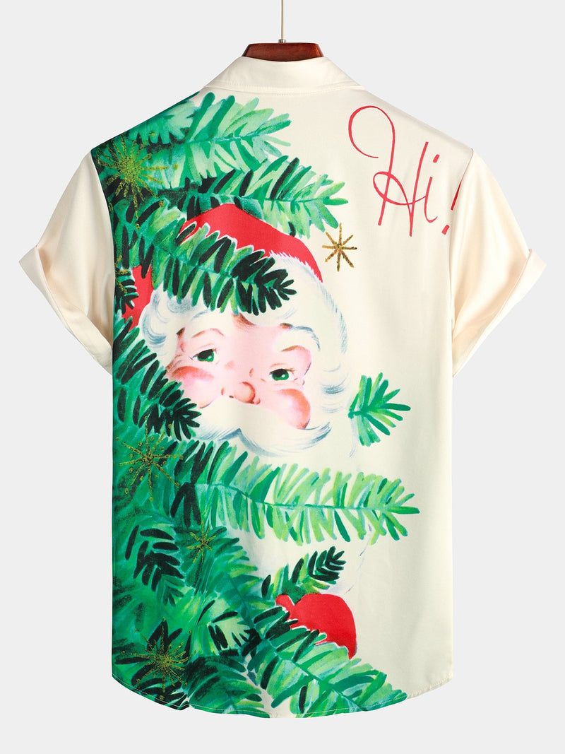 Men's Beige Christmas Print Regular Fit Short Sleeve Shirt